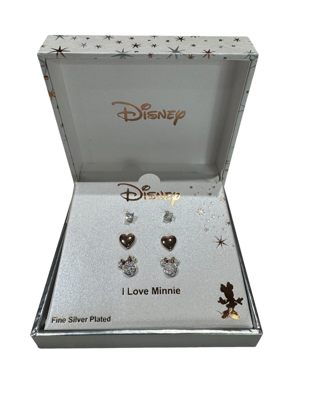 Disney Minnie Mouse Pierced Crystal Hearts Silver Rose Gold Stud Earring Set